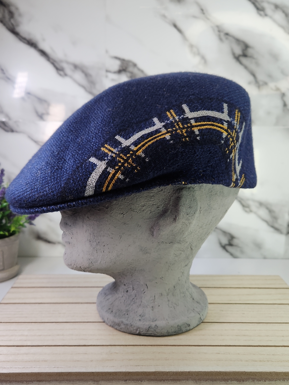 Kangol Classic Navy Wool Flat Cap with Plaid Stipe Detail
